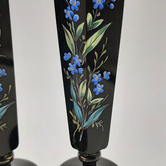 Pair Antique Black Glass Bus Vases Hand Painted Enamel Floral Gold Gilt Accent - Picture 3 of 10